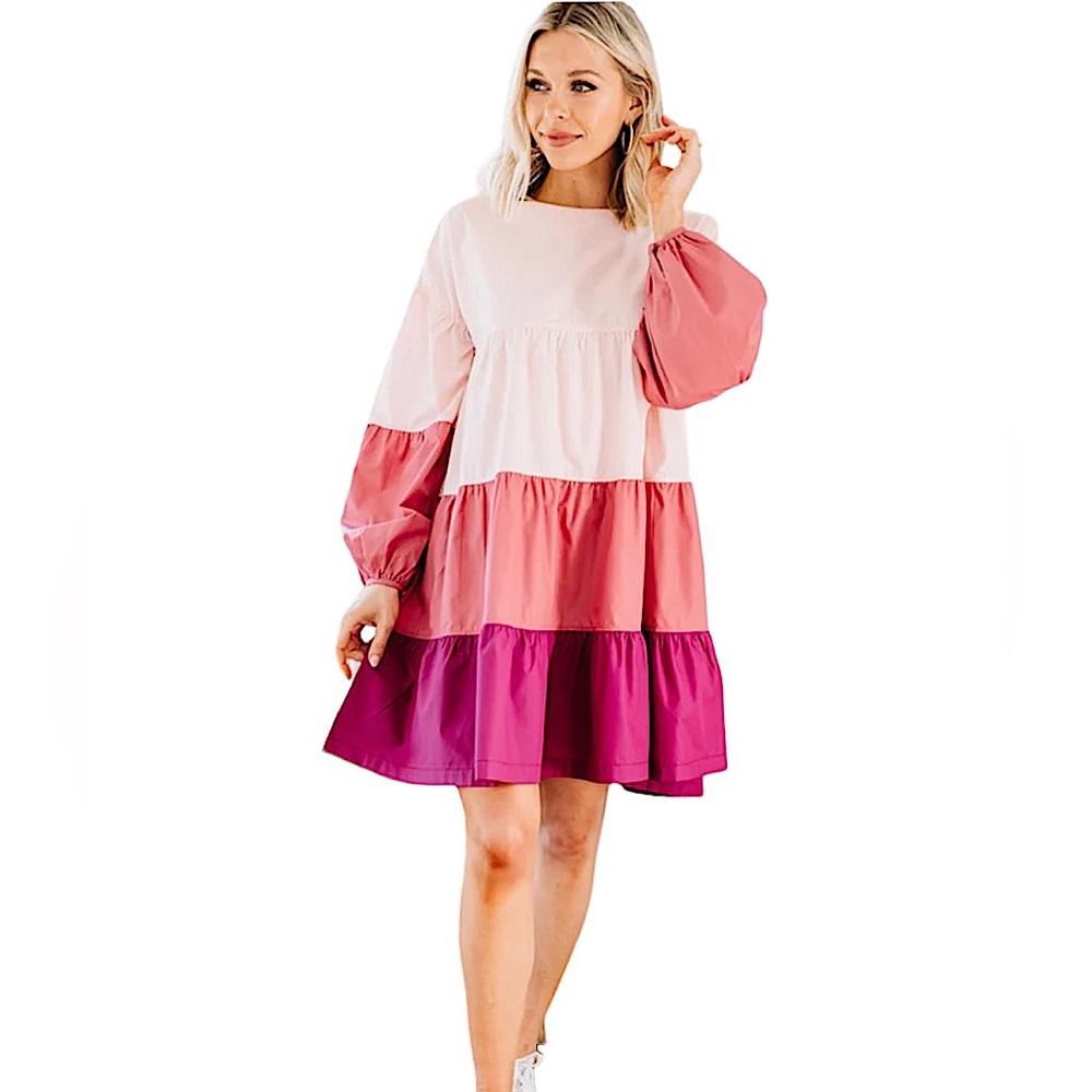 Aaron & Amber Pink Ombré Colorblock Tiered Baby Doll Dress